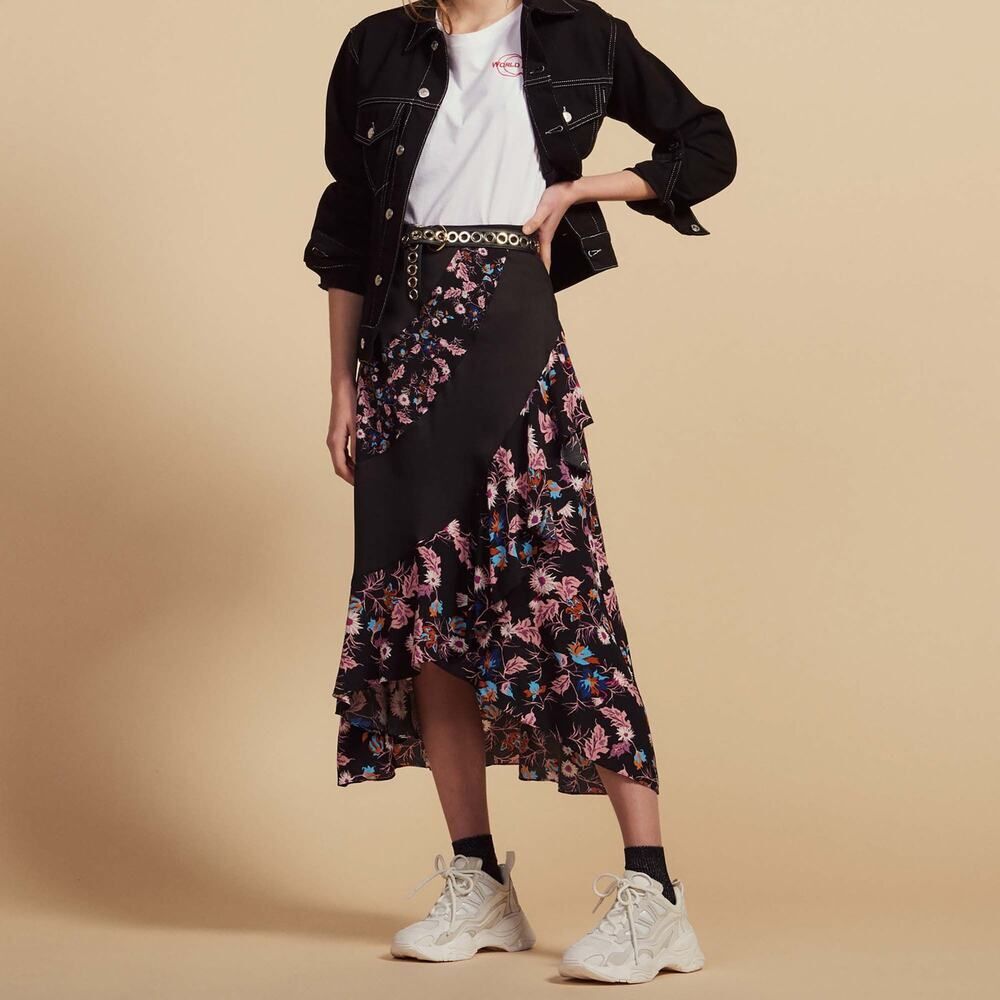 Sandro Paris Black Floral Asymmetrical Ruffle Skirt Size 1 Small Romantic Midi